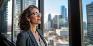 mature optimistic latina hispanic businesswoman woman female executive CEO in corporate modern office thinking contemplating and looking out window skyscraper cityscape