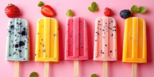 Five popsicles with different flavors on pink. Perfect for advertisements, social media, or blogs.