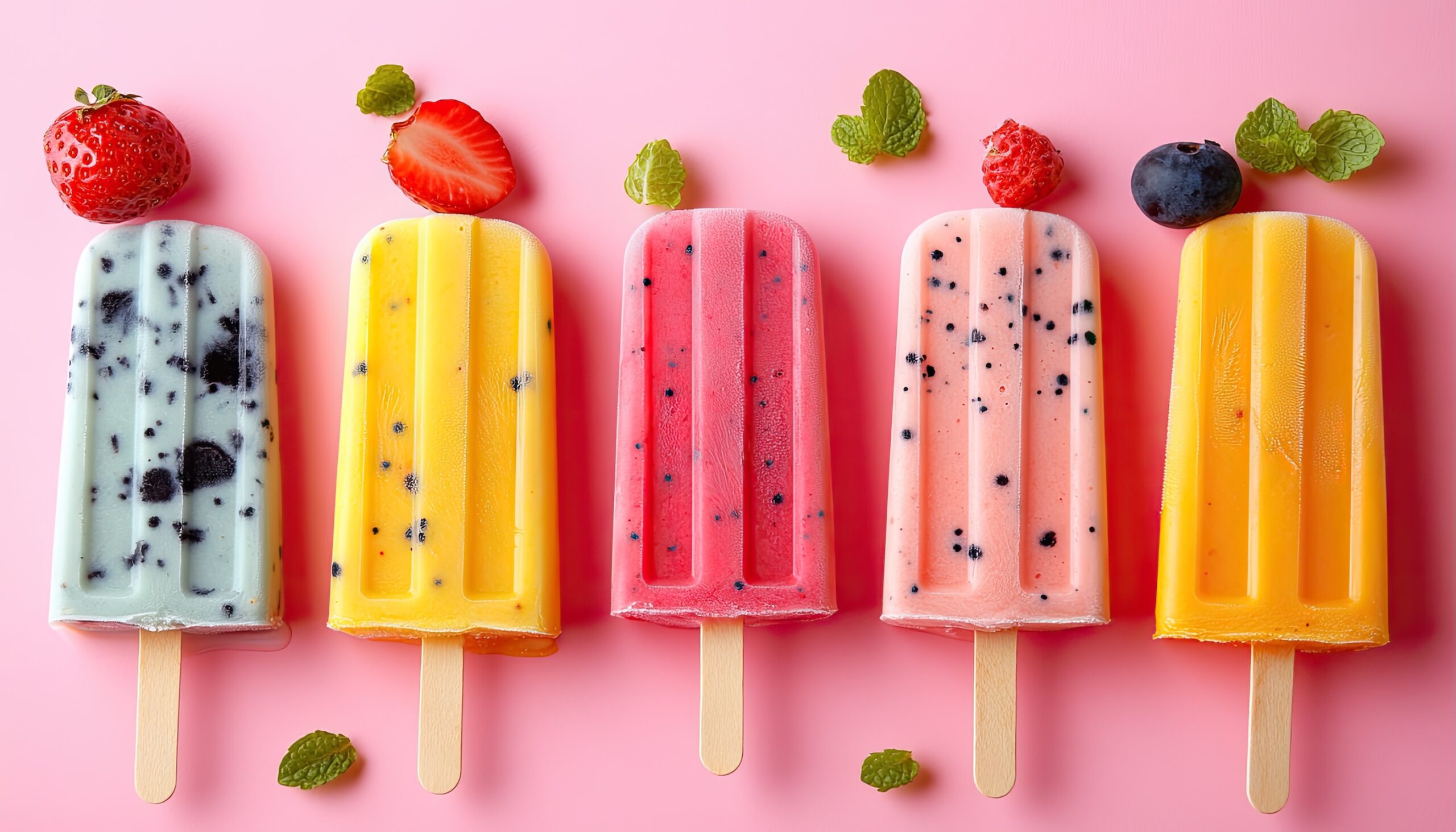 Five popsicles with different flavors on pink. Perfect for advertisements, social media, or blogs.