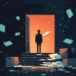 A silhouette stands before a glowing door, surrounded by floating papers and boxes.