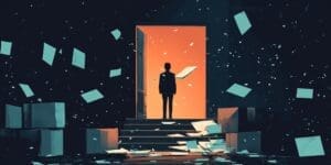 A silhouette stands before a glowing door, surrounded by floating papers and boxes.