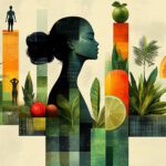 Wellness collage with serene woman silhouette surrounded by nature, fruits, and fitness elements illustrating holistic health balance and tranquility