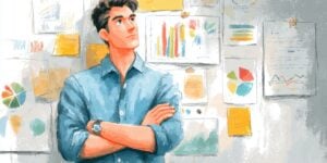 Leadership Inspiration A man ponders in front of analytical charts and graphs on a wall.
