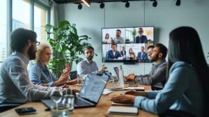 Latino employees in office conference room
