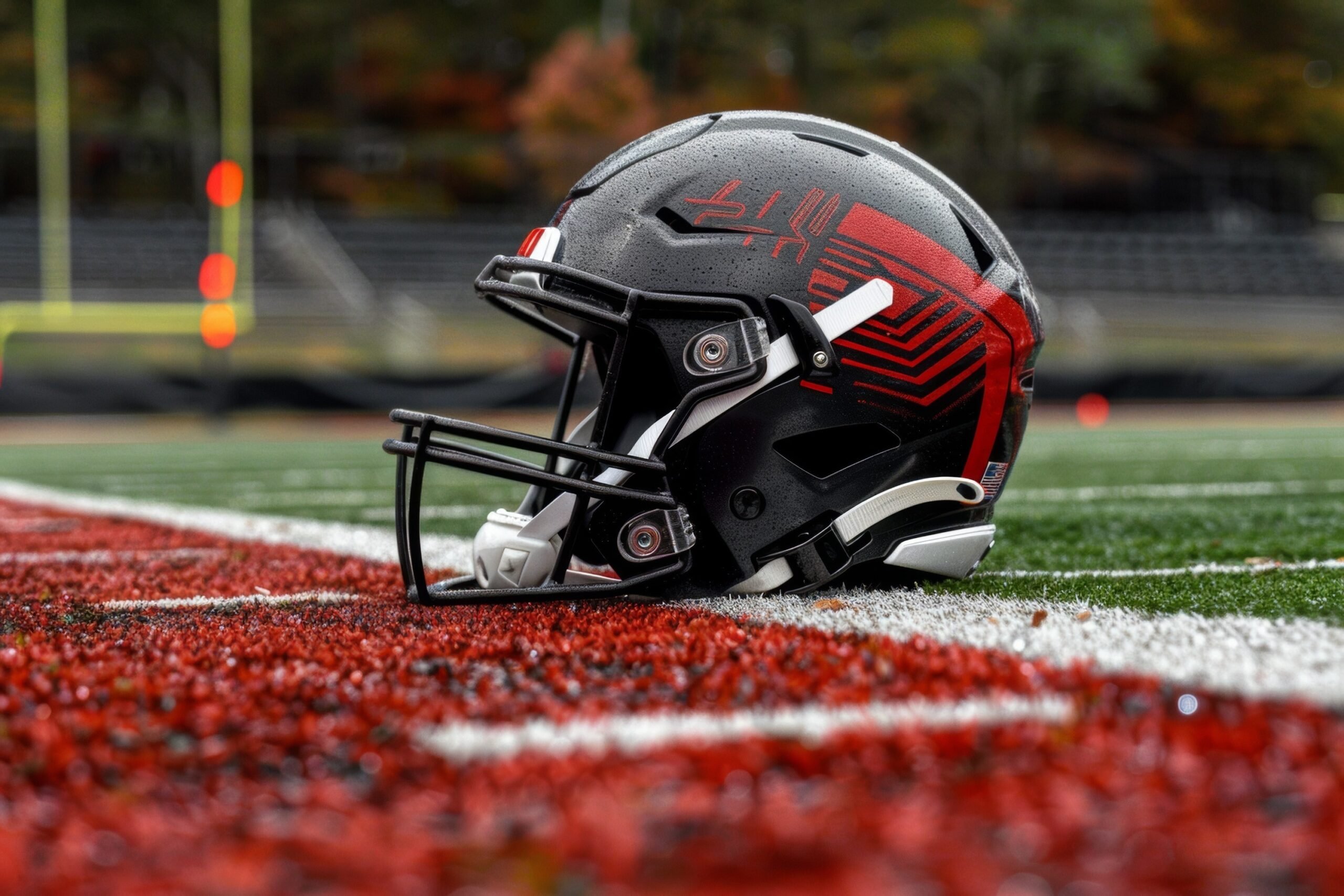 American football helmet on the stadium field.