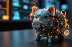 Futuristic piggy bank with glasses, illuminated by digital circuits. Set on a desk with a blurred screen backdrop, it embodies modern finance technology.