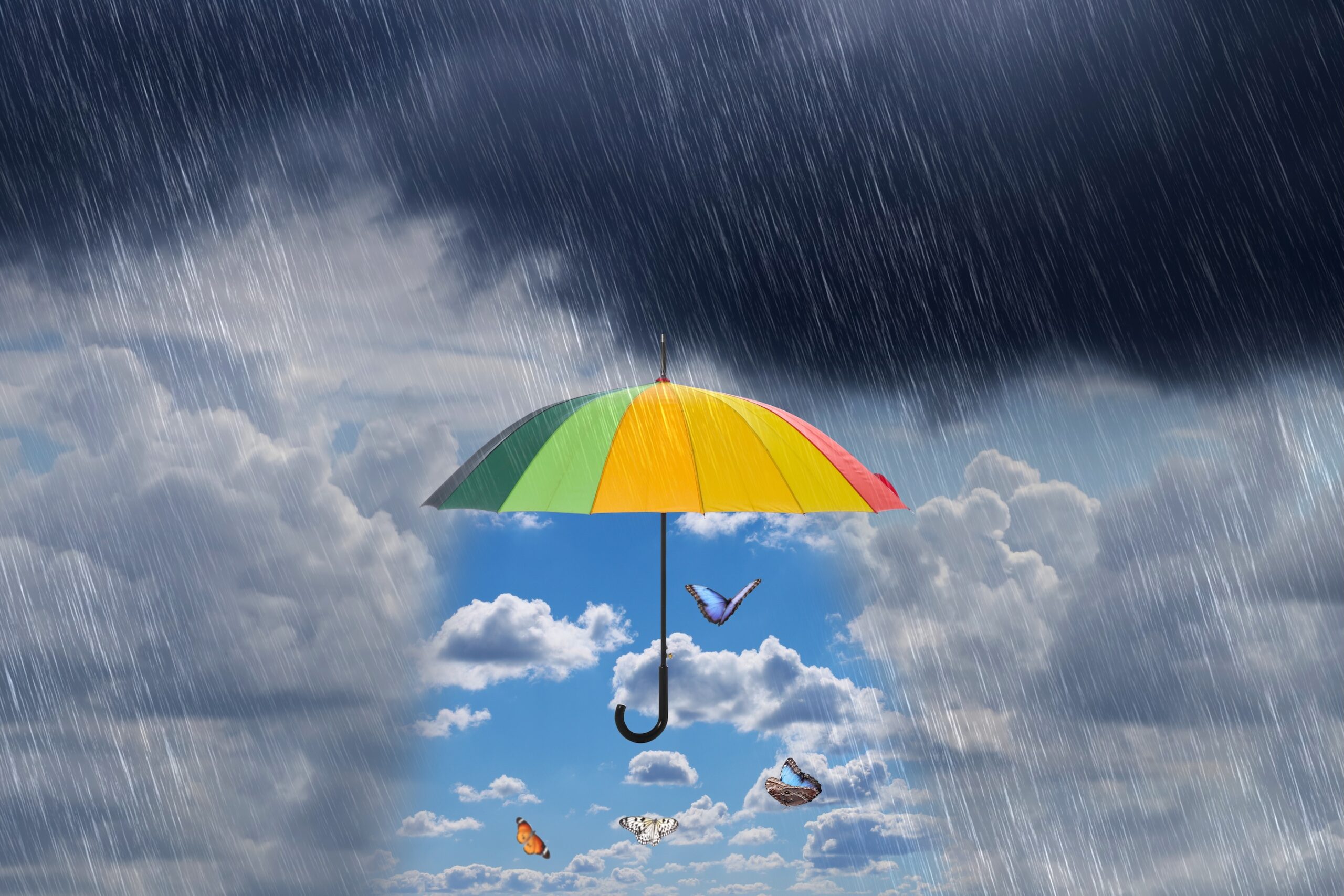 Butterflies flying in blue sky under open colorful umbrella during heavy rain