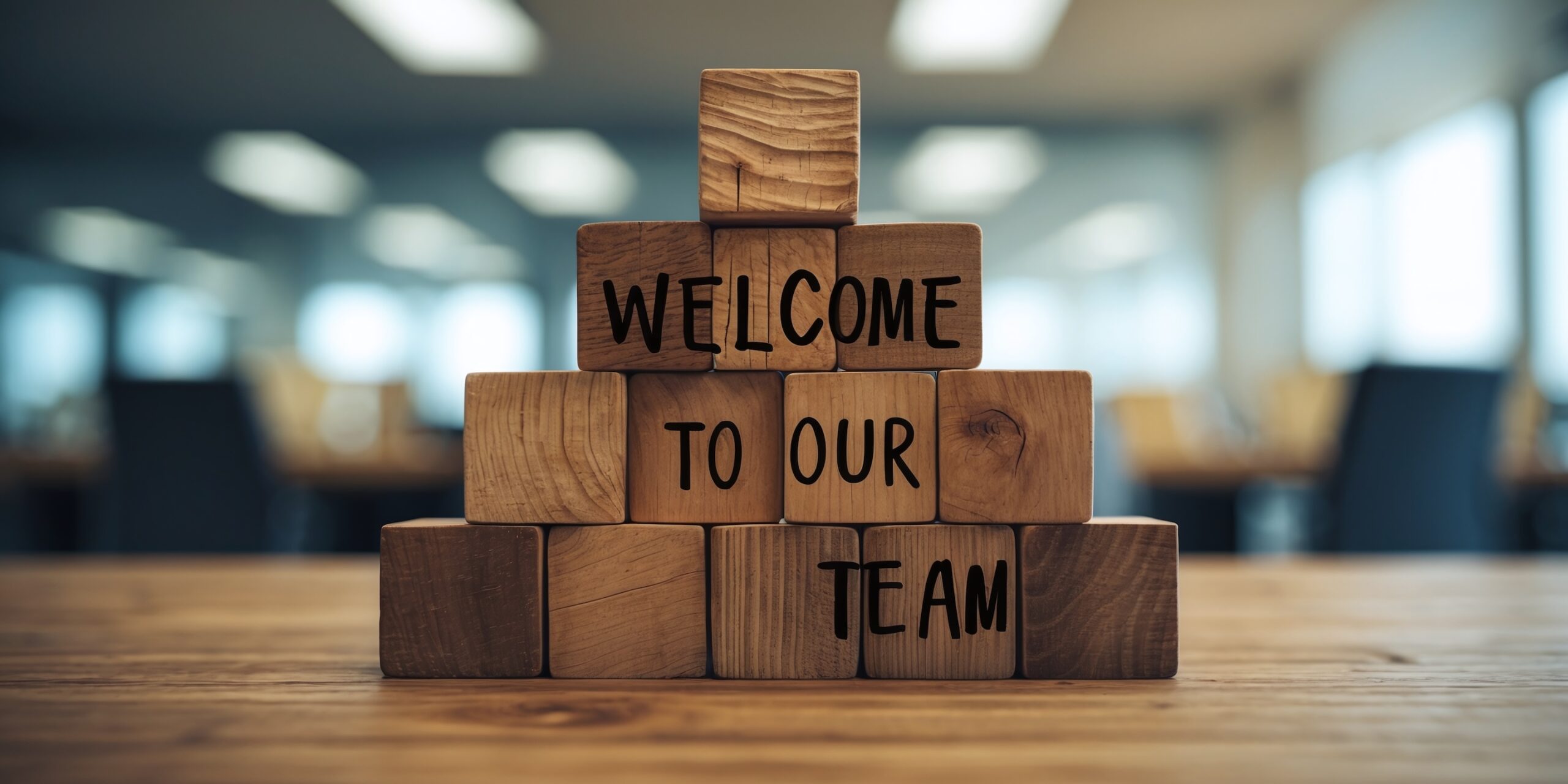 Wooden blocks stacked to spell "Welcome to Our Team" in an office setting