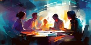 a diverse multicultural group of business people in a conference, meeting or brainstorming session, Painterly futuristic illustration