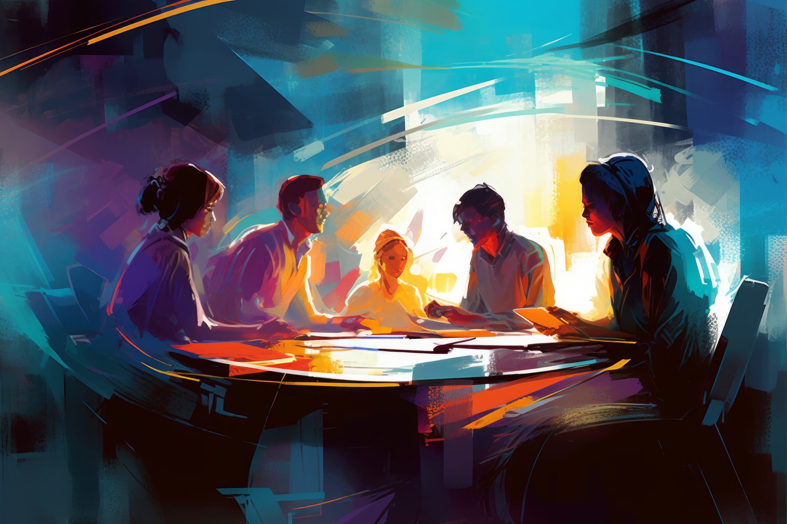 a diverse multicultural group of business people in a conference, meeting or brainstorming session, Painterly futuristic illustration