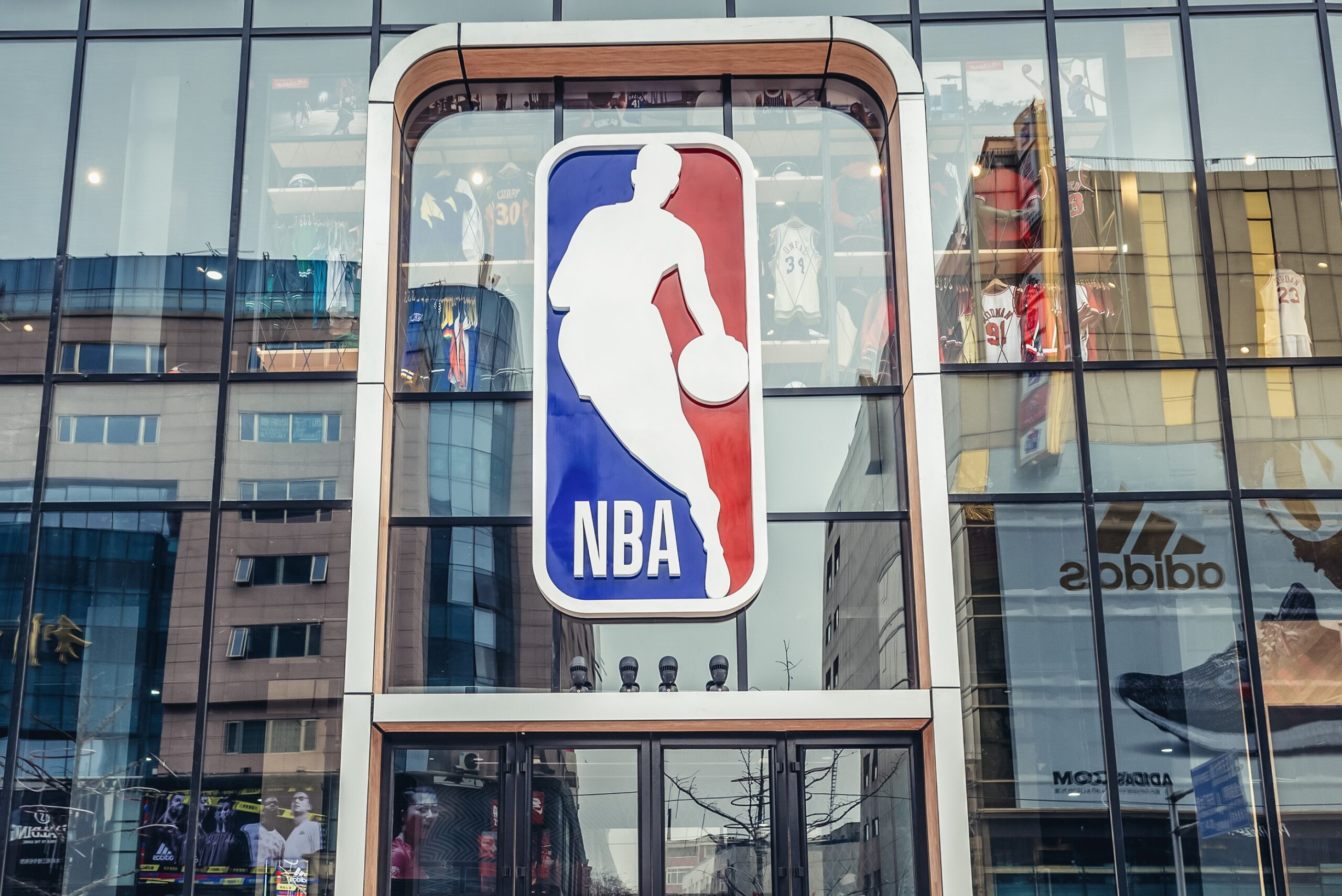 Beijing, China - February 6, 2019: Facade of NBA shop located on a famous Wangfujing shopping street in Beijing city