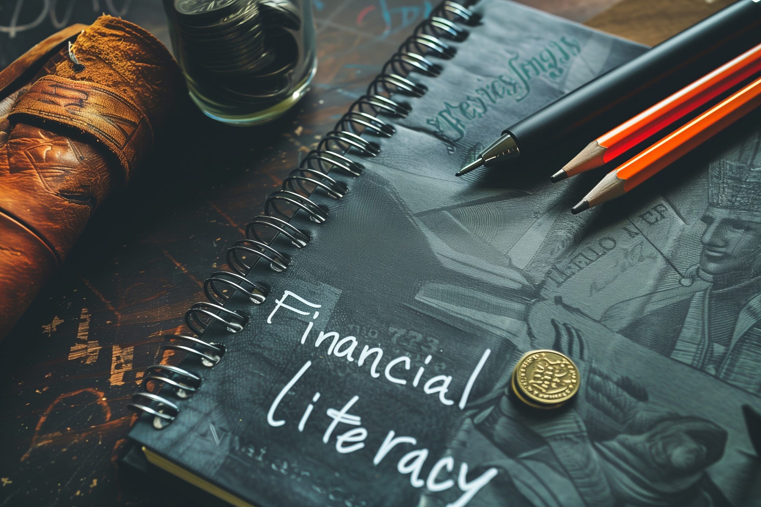 A notebook labeled financial literacy sits on a wooden table, surrounded by study materials including pens and coins, highlighting the focus on money management and education