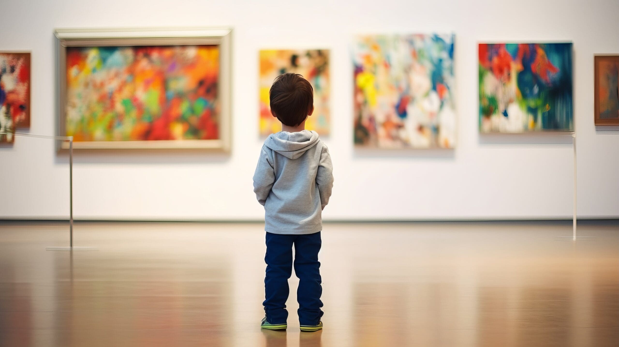 Unrecognizable child looking at modern art painting in a gallery