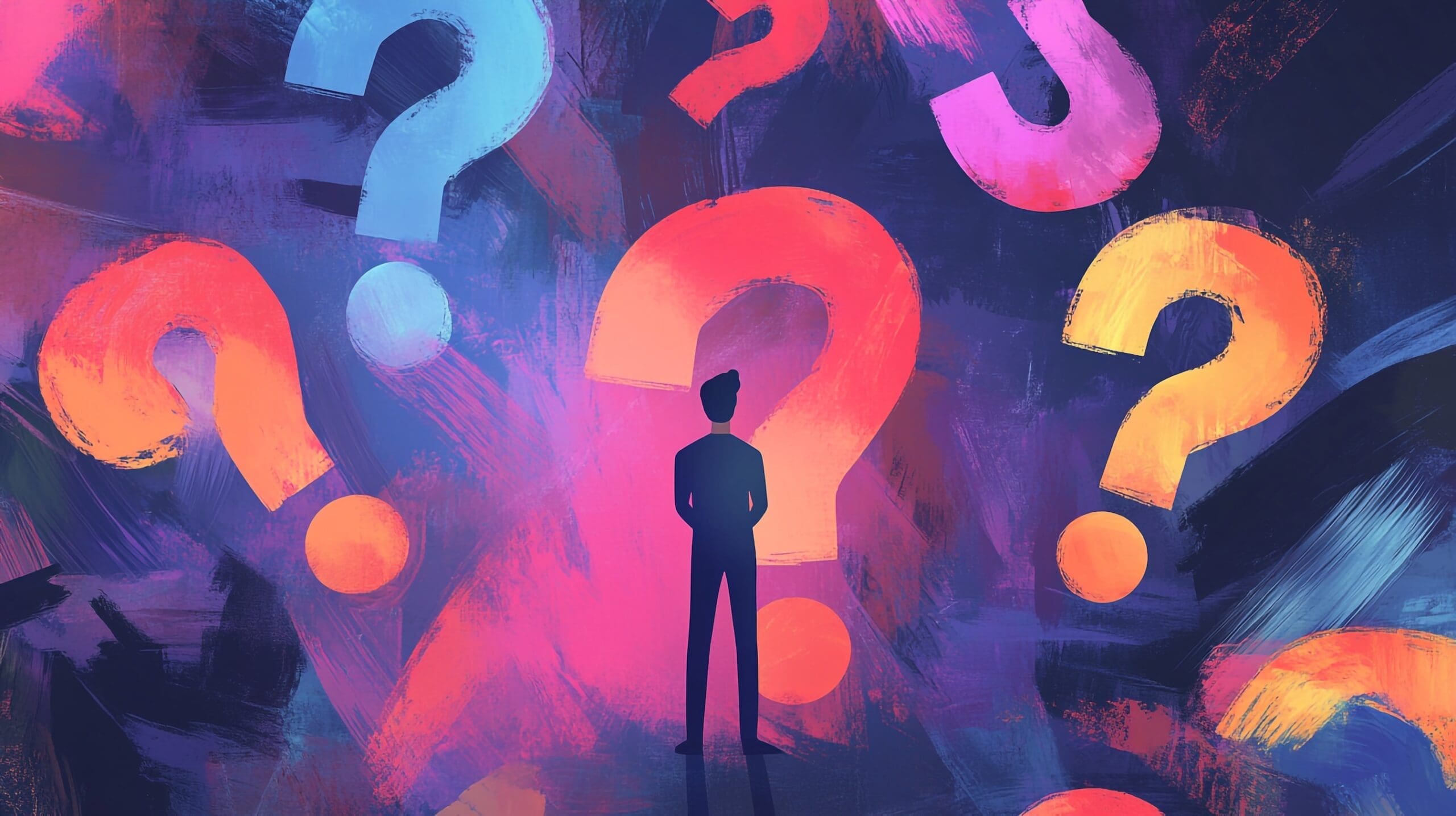 A man faces many colorful question marks uncertainty and choices