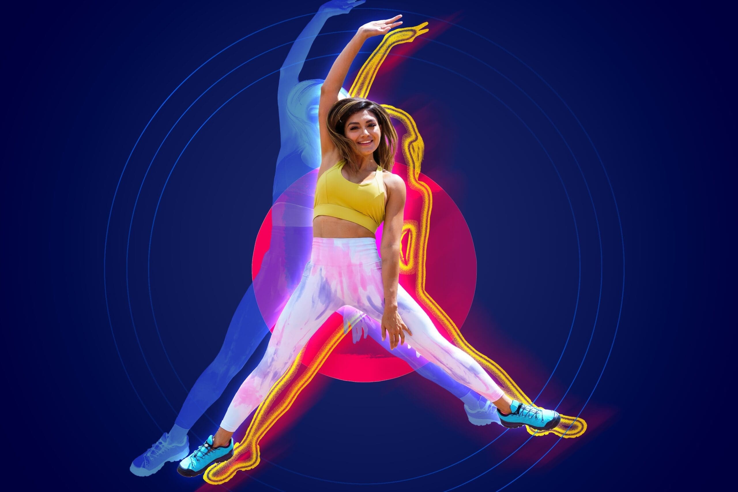 Sporty young Latina jump on art paint background