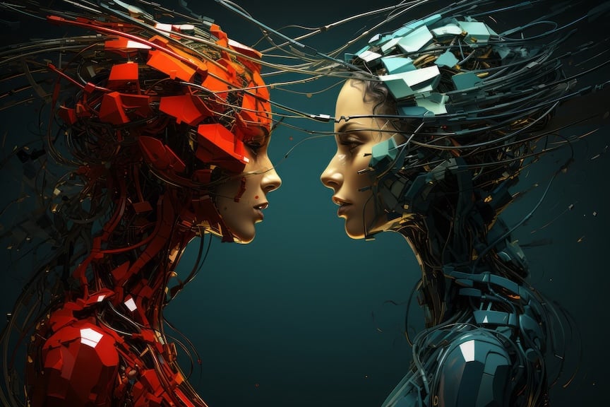 Create twin avatars, one in vibrant shades of emerald green and the other i