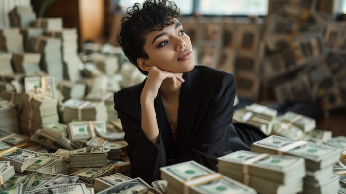 Latina surrounded by money