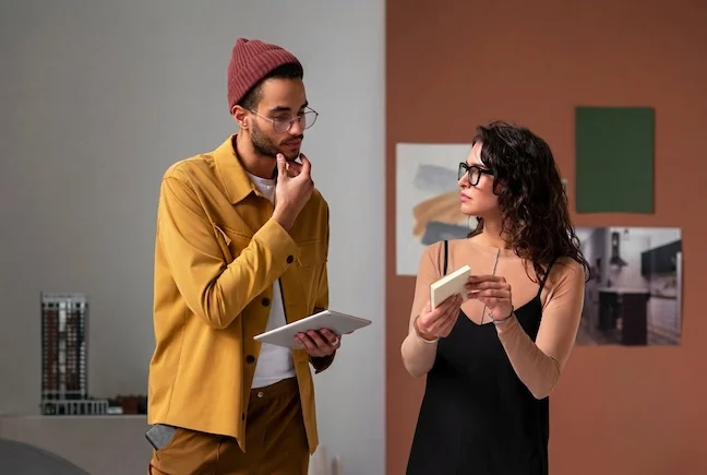 Two colleagues discuss ideas while holding a tablet and notebook in a modern interior.
