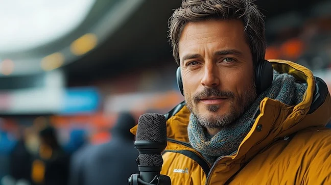 Sports broadcaster wearing a headset and yellow jacket, speaking into a microphone at a blurred venue